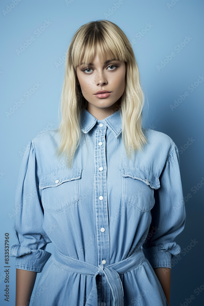 A blonde woman is wearing a blue shirt with a white collar and a blue belt. She is standing in front of a blue wall A blonde woman is wearing a blue shirt with a white collar and a blue belt. She is standing in front of a blue wall