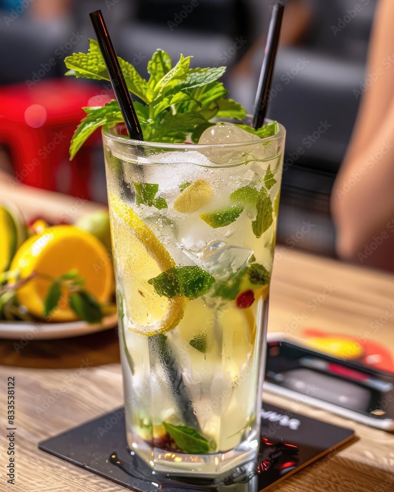 Refreshing Lemon Mint Drink, Iced Lemonade with Mint, Cold Beverage with Lemon Slices, Summer Drink with Fresh Mint, Chilled Drink