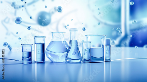 Laboratory glassware with clear liquids on a reflective surface, ethereal lighting, abstract background with floating water droplets