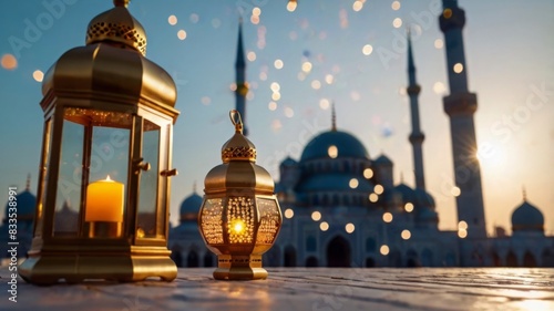 Islamic new year decoration with floating beaded lanterns with blurred and bokeh majestic mosque background
