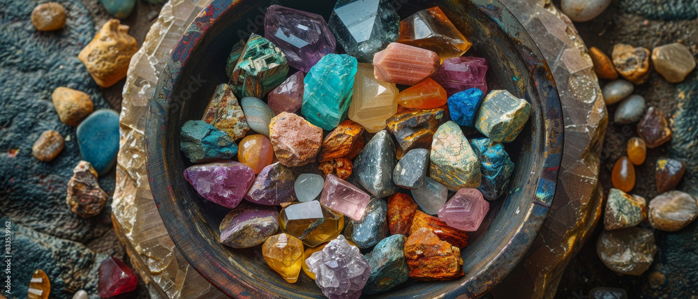 Raw minerals and gemstones in a miners pan Raw minerals and gemstones in a miners pan
