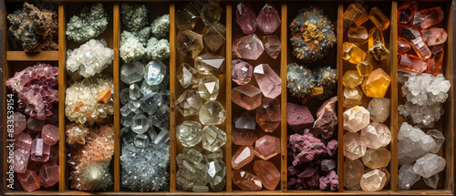 Raw minerals and gems in a display tray photo