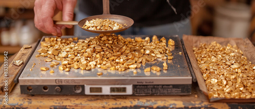 Gold nuggets being weighed on a digital scale photo