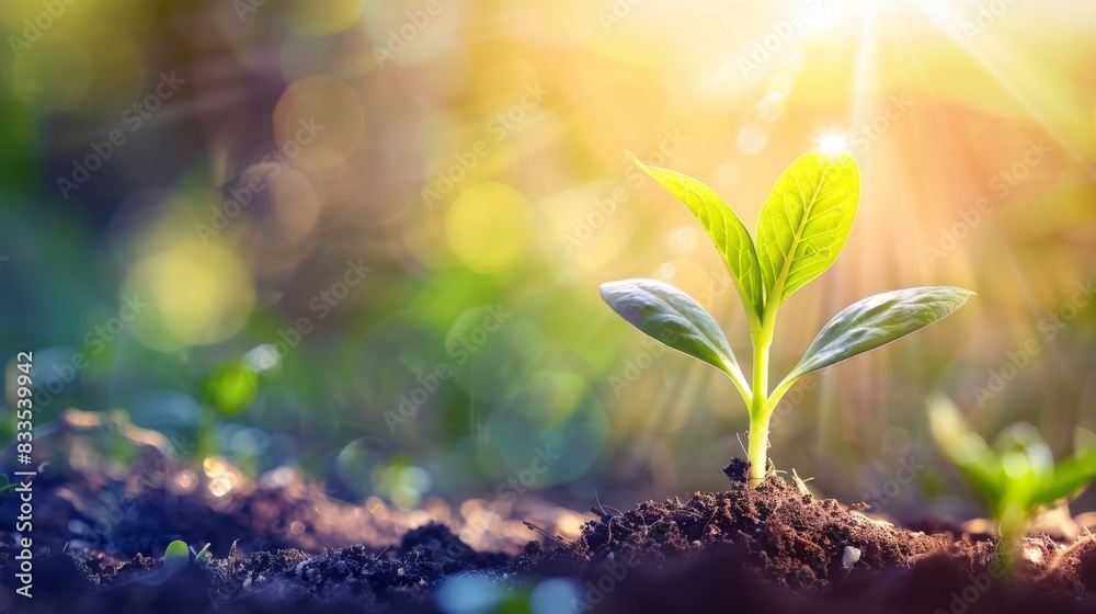 Banner with young plant growing in garden. Seedling are growing in the soil with backdrop of the mourning sunlight. Green world and Earth day concept. Ecology and ecological balance Banner with young plant growing in garden. Seedling are growing in the soil with backdrop of the mourning sunlight. Green world and Earth day concept. Ecology and ecological balance