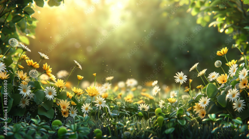 Fototapeta premium Dawn breaks over a picturesque summer scene, adorned with yellow and white daisies, clovers, and dandelions in the lush grass