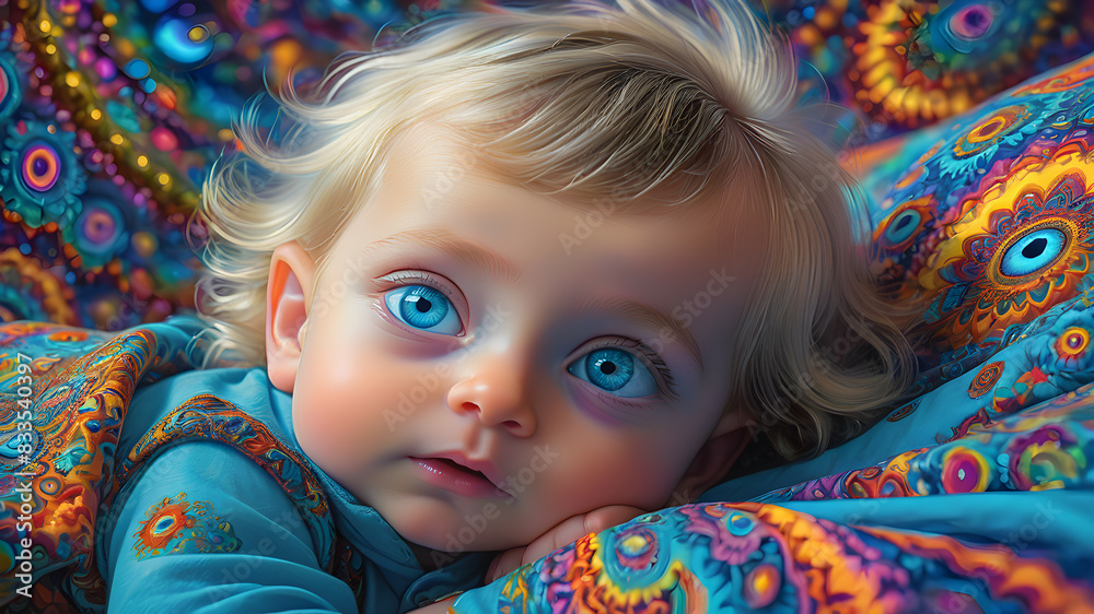 Sweet blue - eyed baby lying in bed. Generative AI