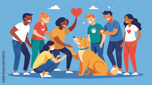 A group of volunteers gathering around a dog it with love and attention after a successful .. Vector illustration