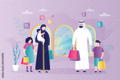 Arab family shopping in mall. Happy muslim couple with kids in traditional clothes with shopping bags in supermarket. Arabic people shopping,