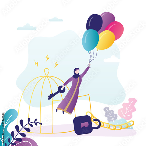 Arabic girl in traditional clothes freed from domestic violence, abuse. Happy female character on balloons flies out of golden cage. Muslim woman escapes from prison