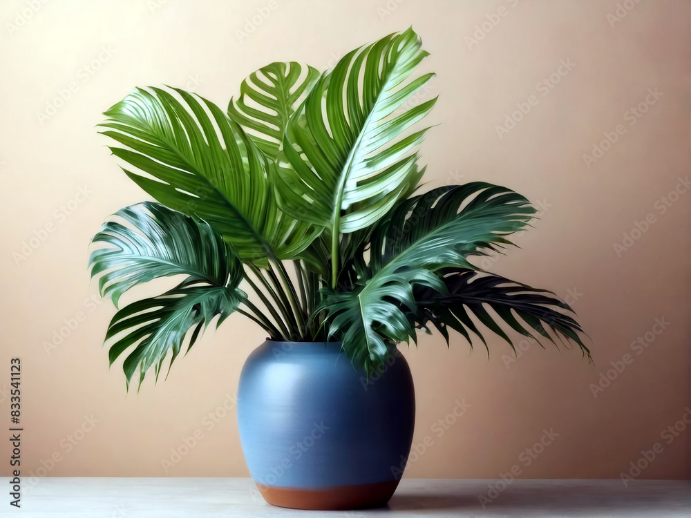 Swiss cheese plant fronds in an earthenware vase, France, with copy space, ultra detailed, dof. Swiss cheese plant fronds in an earthenware vase, France, with copy space, ultra detailed, dof.