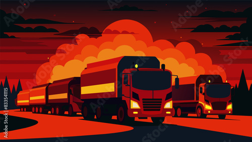The illuminated red and orange lights of the petroleum transport trucks create a fiery glow against the darkened twilight sky.. Vector illustration