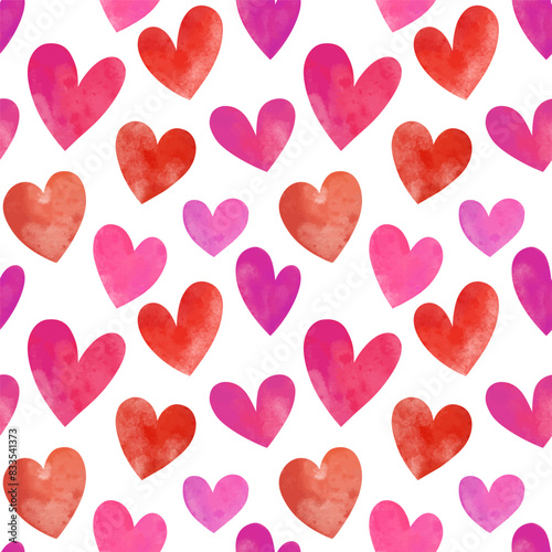 hand drawn watercolor seamless vector pattern, red and pink colored hearts on a transparent background
