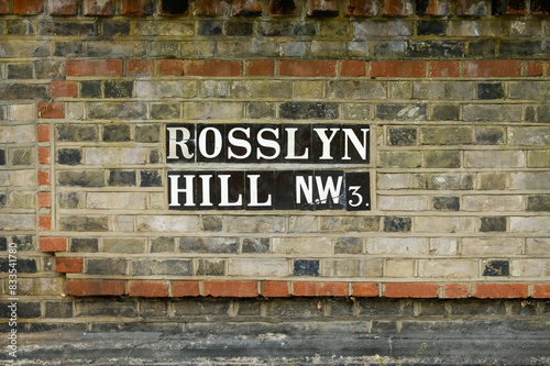 LONDON-  Rosslyn Hill street sign between Hampstead Village and Belsize Park NW3 photo