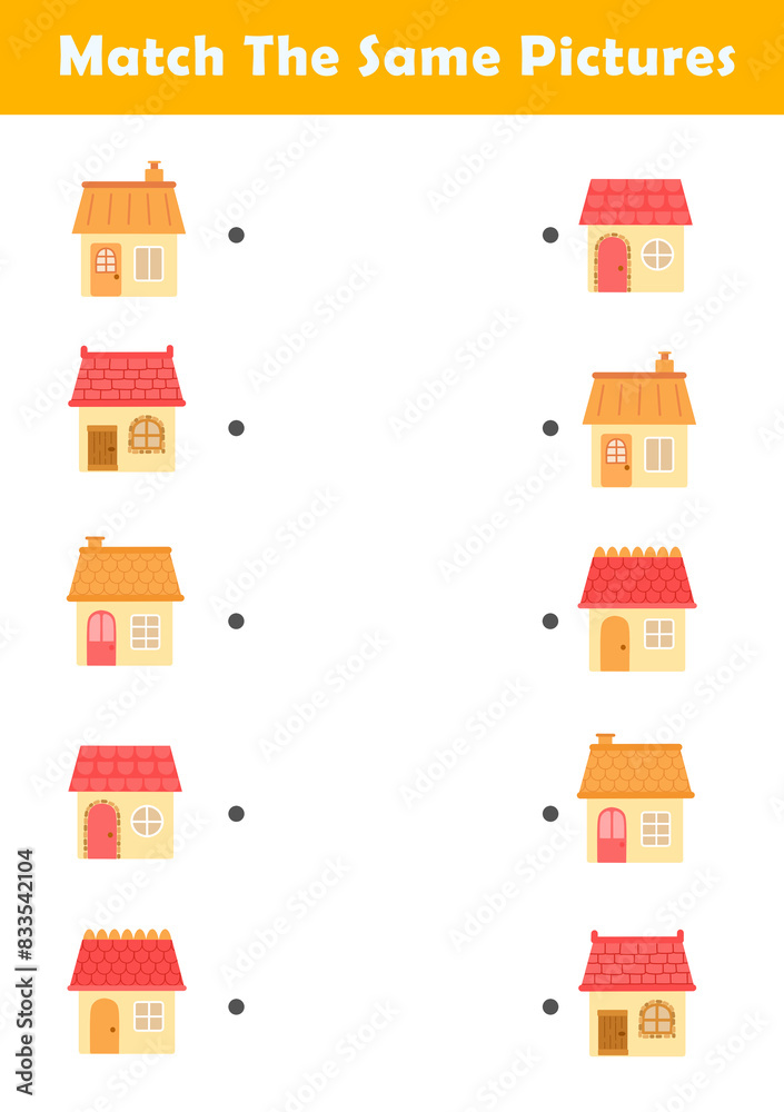 Picture Matching Worksheet for Preschool. Educational activity with cute house illustration. Educational fun game for children.