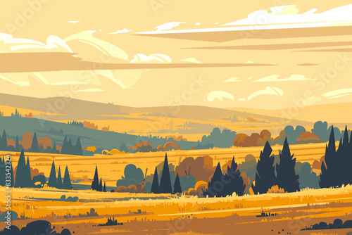 A scenic view of golden fields in autumn, with trees and distant hills under a warm, yellow sky. Flat vector illustration.