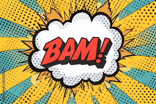 A comic style explosion with the word "BAM" in the center, illustrated with vibrant colors and bold designs. Flat vector illustration.