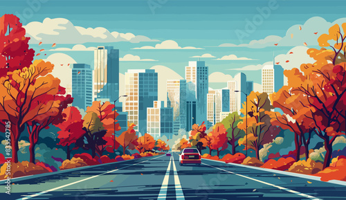 A cityscape with vibrant autumn trees lining the road and tall buildings in the background. Flat vector illustration.