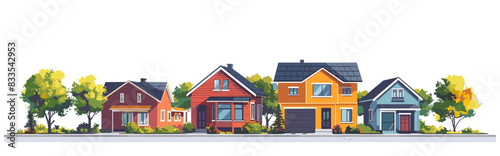 Modern suburban houses with greenery and trees in the background. Flat vector illustration.