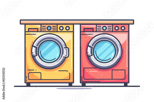 Two modern washing machines, one yellow and one red, placed side by side against a plain background. Flat vector illustration.