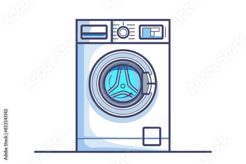 A modern blue and white washing machine with a front-loading design, set against a plain background. Flat vector illustration.