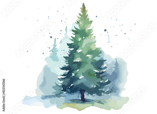 A tall evergreen tree in a wintery setting with snow-covered ground and misty background. Flat vector illustration.