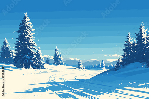 A winding road through a snowy pine forest, with snow-covered trees and clear blue skies. Flat vector illustration.