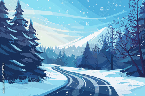 A winter forest scene with snowfall, a winding road, and tall evergreen trees covered in snow. Flat vector illustration. photo