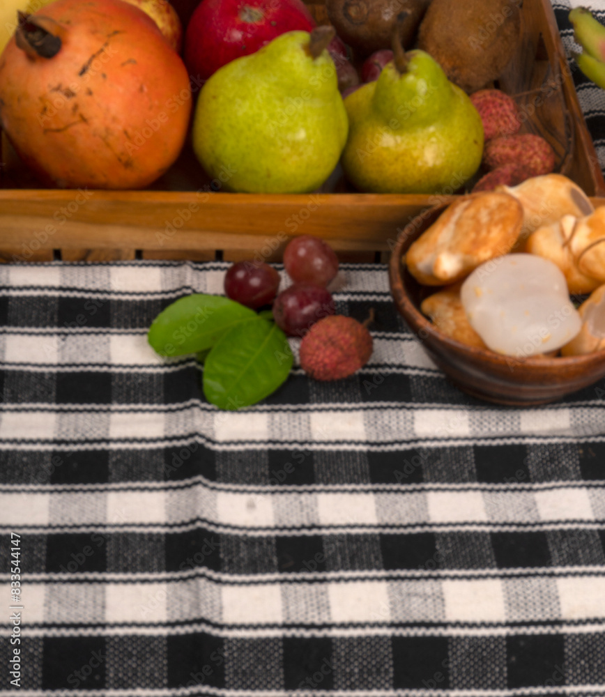 Assortment of fresh organic fruits and vegetables in basket on background, closeup. Assortment of fresh organic fruits and vegetables in basket on background, closeup.