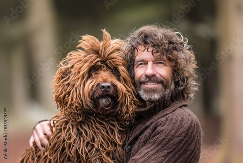 Middle aged man with curly hair and his look-alike furry dog hugging and looking at camera, autumnal colours. Man and animal bond and friendship.