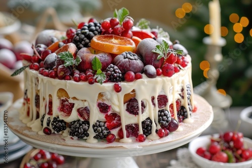 Festive Chocolate Cake with Fresh Fruit and Christmas Decorations © dashtik