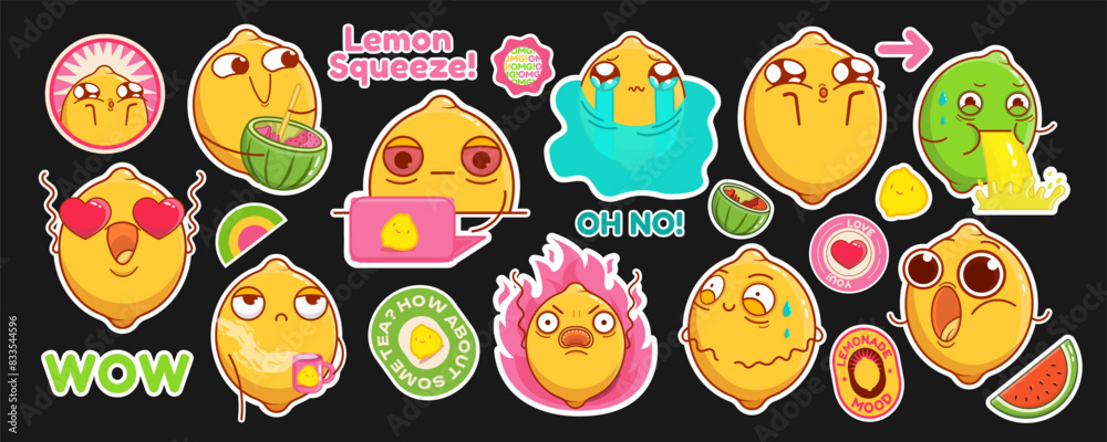 A big set of stickers with cute, emotional lemons. Comic elements in cartoon style. Citrus characters with funny faces in kawaii style. Flat design. All elements are isolated. Perfect for printing A big set of stickers with cute, emotional lemons. Comic elements in cartoon style. Citrus characters with funny faces in kawaii style. Flat design. All elements are isolated. Perfect for printing