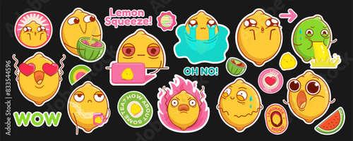 A big set of stickers with cute, emotional lemons. Comic elements in cartoon style. Citrus characters with funny faces in kawaii style. Flat design. All elements are isolated. Perfect for printing