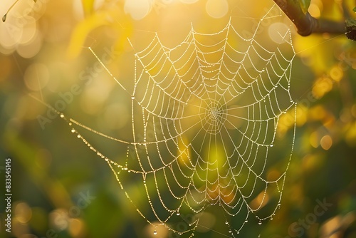 Dewdrops on a spidera??s web in morning light