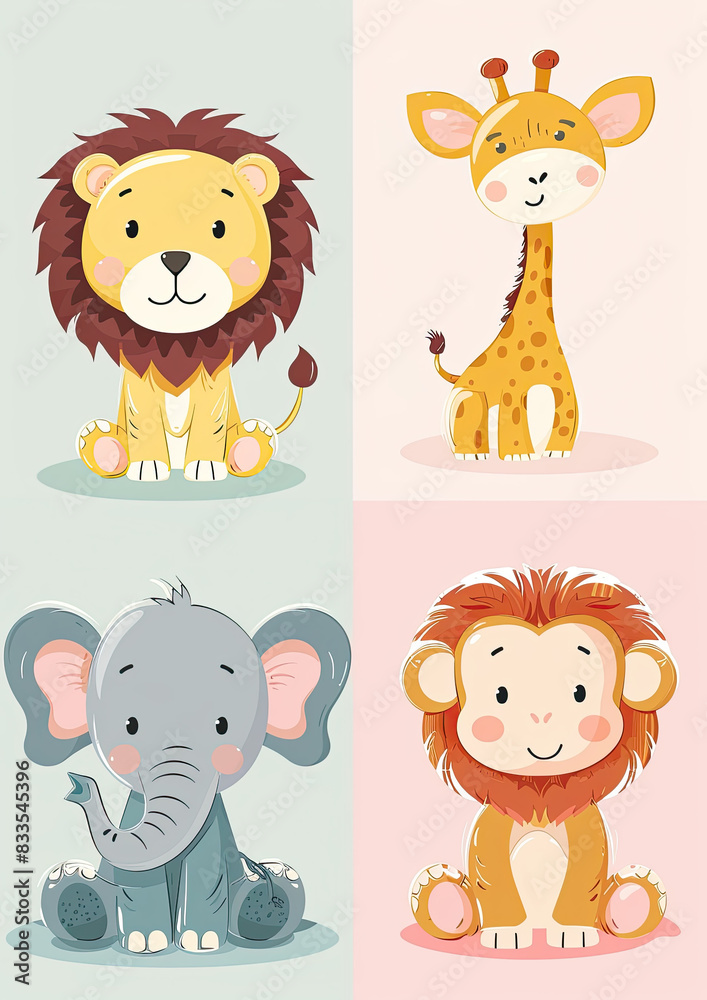 Fototapeta premium Cute Cartoon Safari Animals with Flowers
