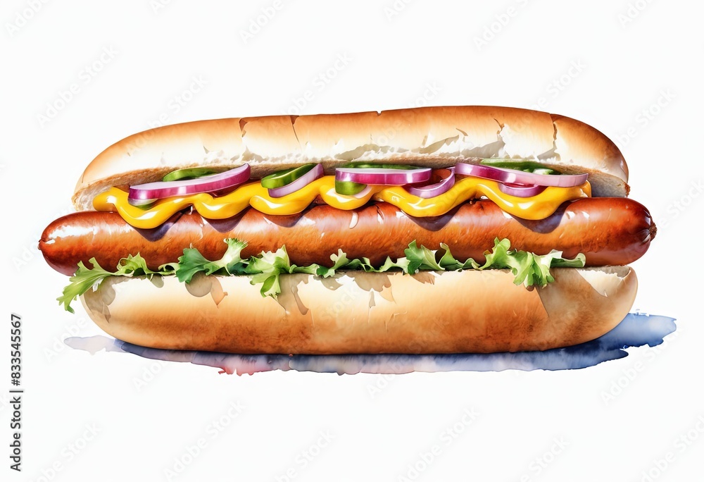 Watercolour drawing of a hot dog on a white background Watercolour drawing of a hot dog on a white background