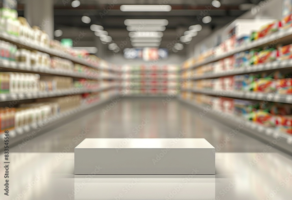 Empty podium for product presentation, supermarket aisle and shelves blurred background, shopping promotion discount 