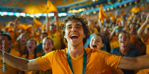 Fototapeta Naklejka Na Ścianę i Meble -  Excited joyful Australian sports fans cheering at the stadium, vibrant crowd during an afternoon match, emotional support for their team from the country of 	Australia