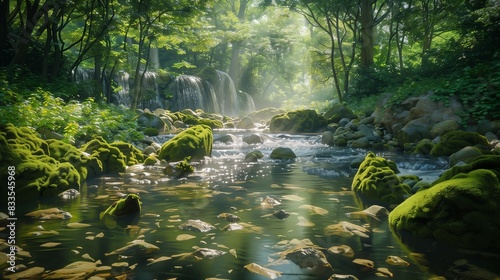 A serene and super realistic image of a tranquil river flowing through a lush green forest, © Amir