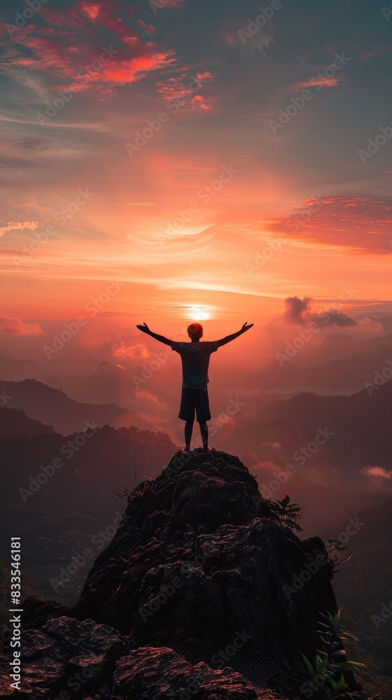 Individual stands on peak of mountain, sun setting in background Individual stands on peak of mountain, sun setting in background