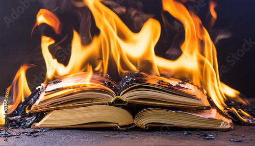 Burning book. Forbidden literature. Hot flame. Library concept. Close-up. photo