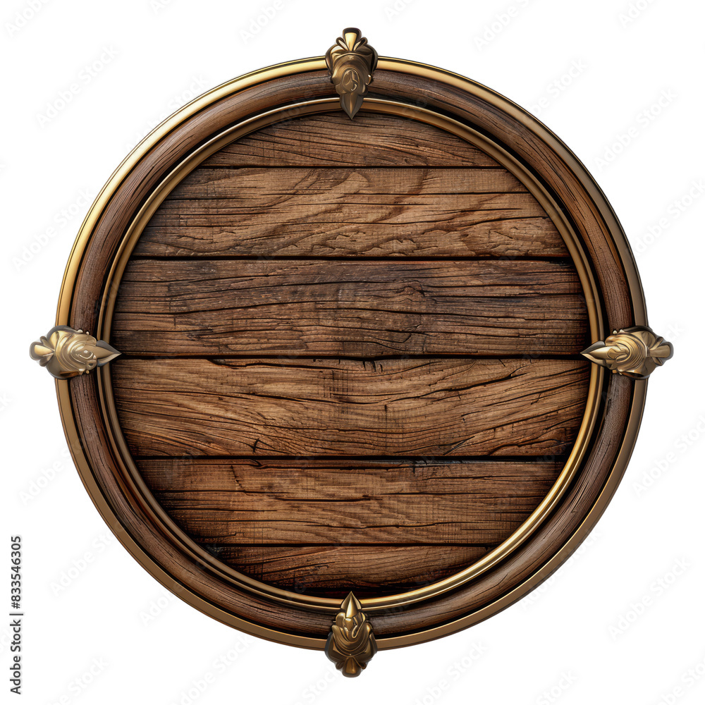 Fototapeta premium Oak wood panel, empty center, brown and gold, textured background.