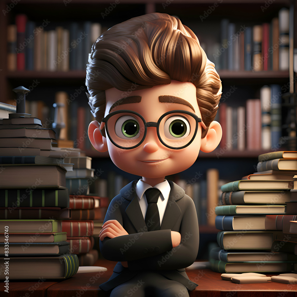 3D Render of Little Businessman in library with bookshelves 3D Render of Little Businessman in library with bookshelves
