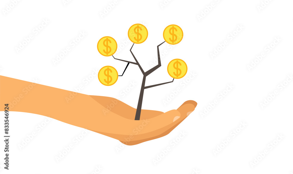 Hand Holding a Money Tree. Growing income investing and profit concept vector Hand Holding a Money Tree. Growing income investing and profit concept vector