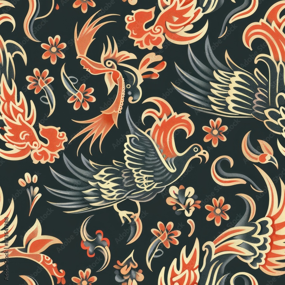 a image of a pattern of birds and flowers on a black background a image of a pattern of birds and flowers on a black background