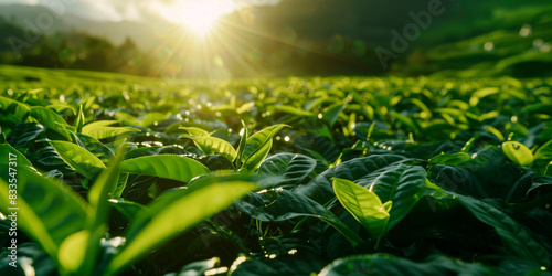 Warm sunlight bathes a sprawling tea plantation, highlighting the contours of the tea bushes