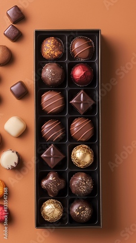 Chocolate candies in box on pastel background, top view. © Spyrydon