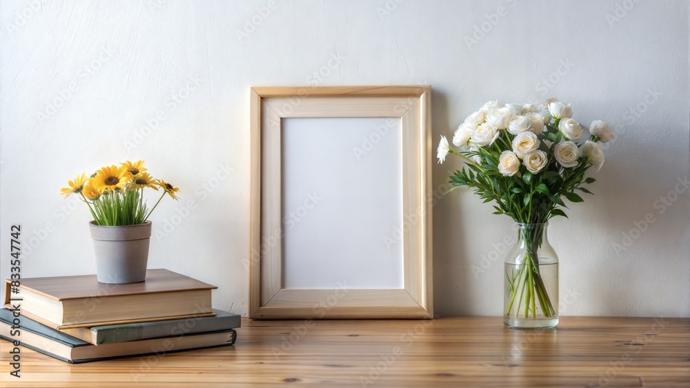 there is a picture frame on a table with a book and flowers, on a white table, poster composition, fotografia, minimalistic composition, poster background, on wooden table, wooden desks with books, there is a picture frame on a table with a book and flowers, on a white table, poster composition, fotografia, minimalistic composition, poster background, on wooden table, wooden desks with books,