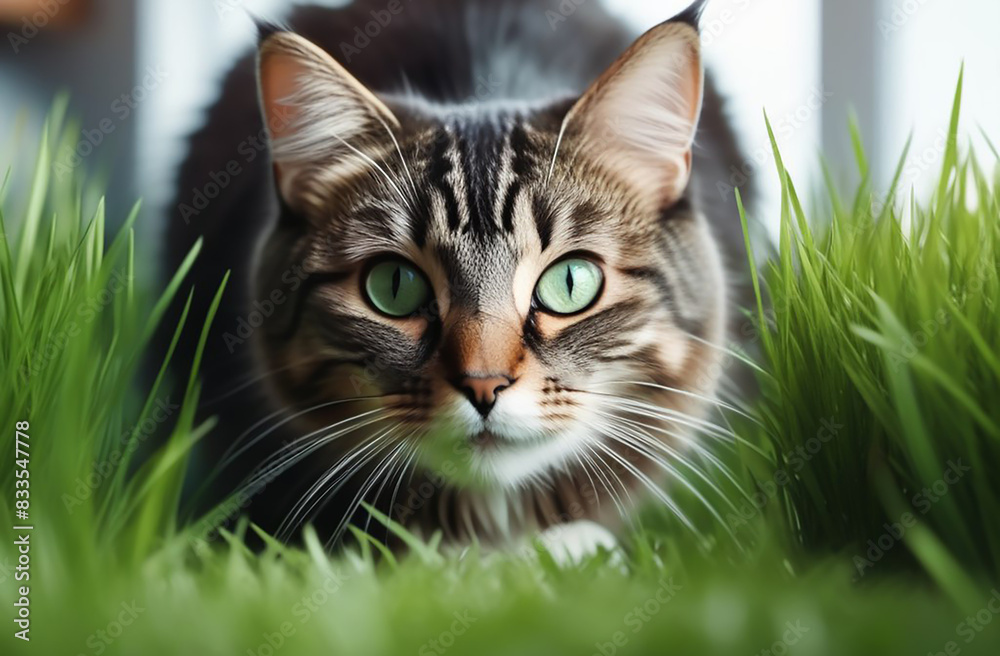 Portrait of a cat in green grass. Portrait of a cat in green grass.