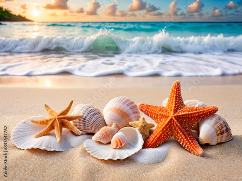 Seashell and starfish on tropical island sandy beach with ocean in the background. Sunny summer day. Vacation and travel
