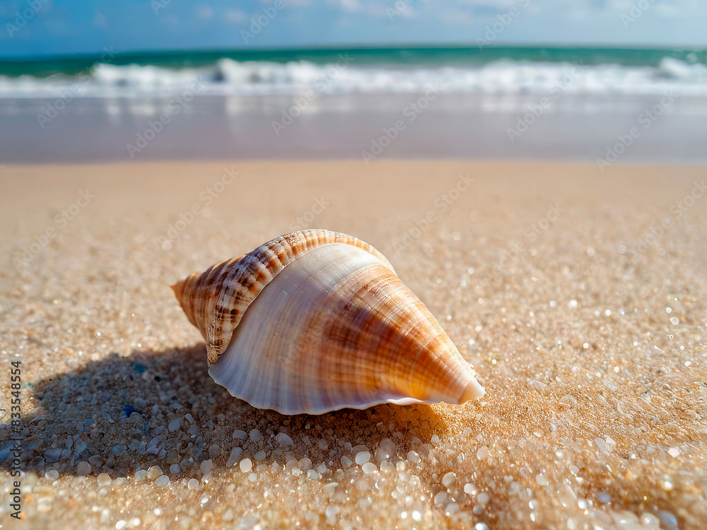 Seashell on tropical island sandy beach with ocean in the background. Sunny summer day. Vacation and travel Seashell on tropical island sandy beach with ocean in the background. Sunny summer day. Vacation and travel